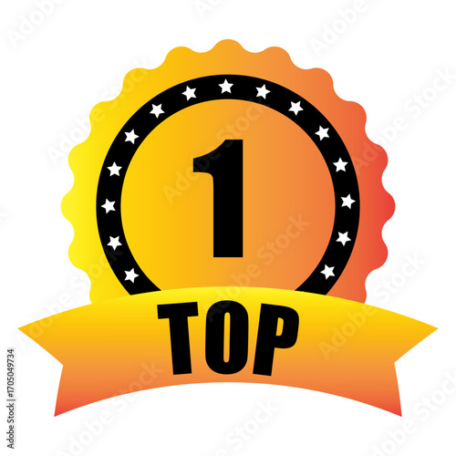 Number 1 reward. Top one banner. Vector emblem illustration. Golden medal design. EPS 10.