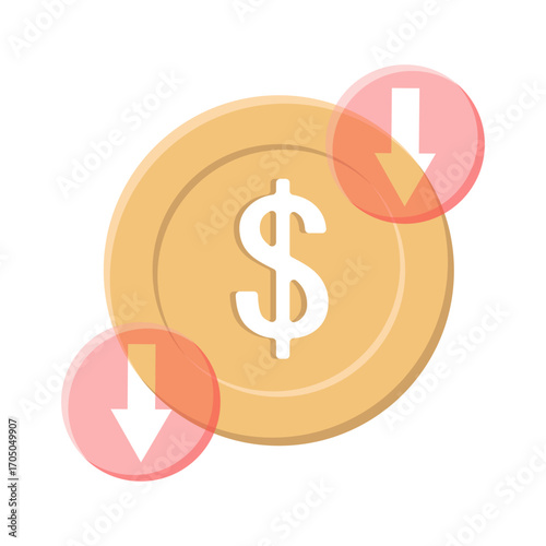 Coin money decrease. Dollar currency downfall. Financial loss symbol. Vector economy emblem. EPS 10.