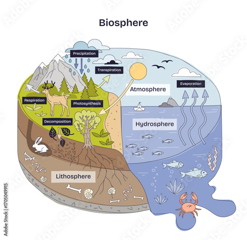 Biosphere diagram shows interactions between atmosphere, hydrosphere, and lithosphere with animals, plants, and water. Doodle style diagram
