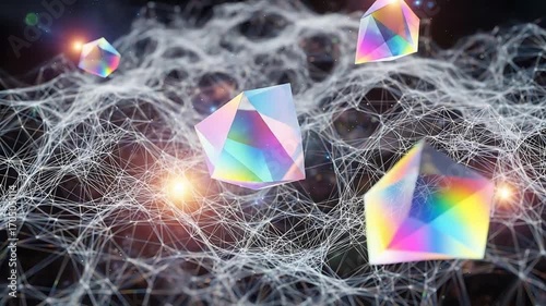 Floating Iridescent Geometric Shapes Over Abstract Network