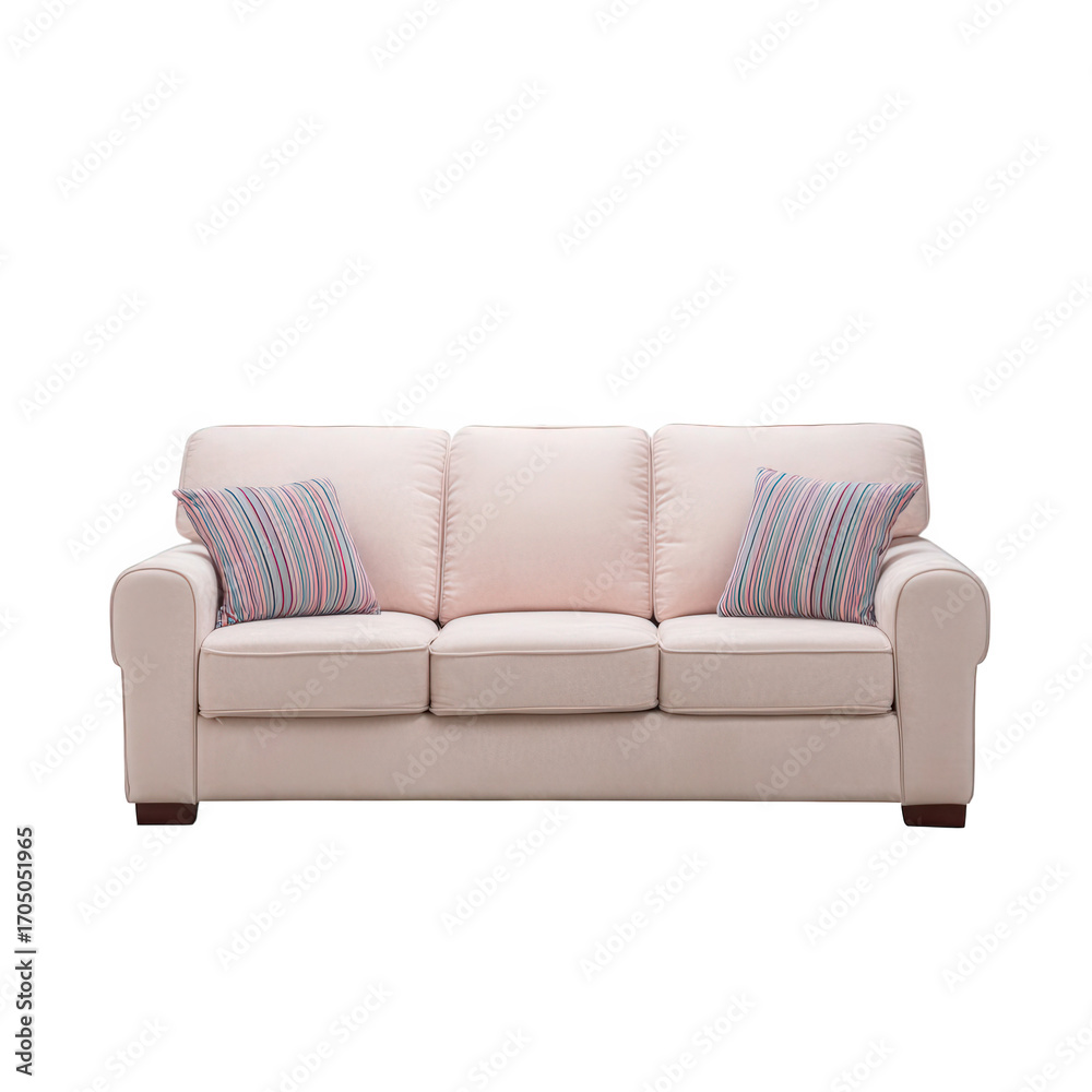 Fototapeta premium Comfortable light pink sofa with patterned pillows isolated on transparent background