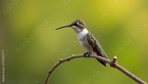 Hummingbird resting briefly on thin twig in warm breeze 