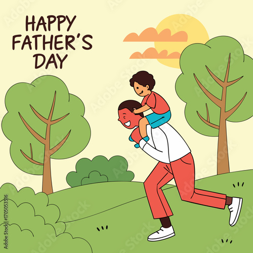 Happy fathers day cartoon illustration of a father giving his son a piggyback ride in a park