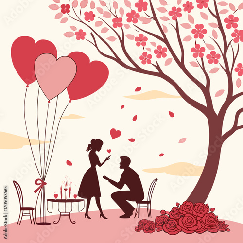 Romantic silhouette couple proposal under cherry blossom tree with heart balloons and roses