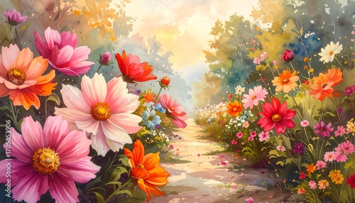 Watercolor-style artwork depicts a vibrant path through a blooming flower field, bathed in warm sunlight
