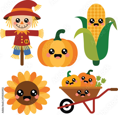 Cute scarecrow pumpkin corn sunflower and wheelbarrow autumn