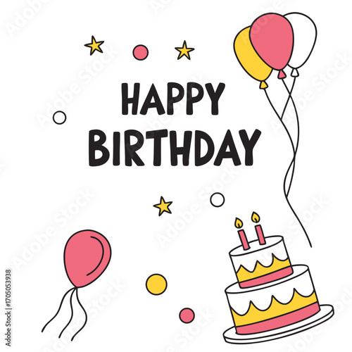 Happy birthday celebration with cake balloons and stars festive greeting card design
