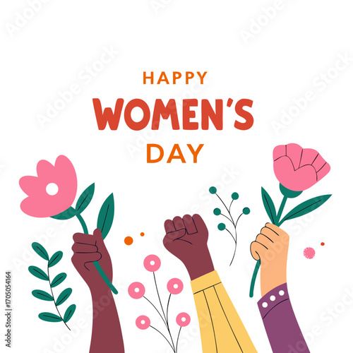 Happy womens day celebration with diverse hands holding flowers and raised fists