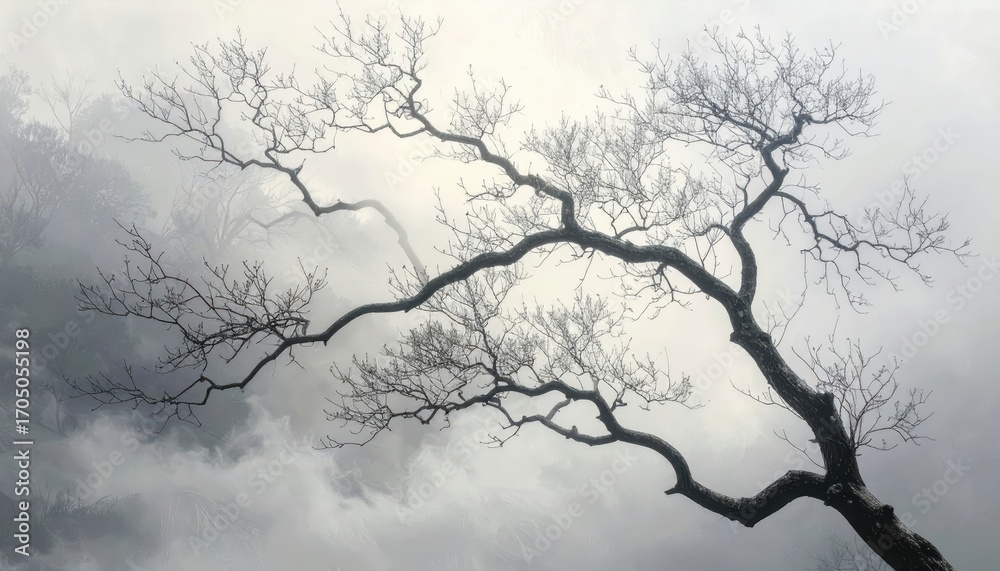 Obraz premium A tranquil, misty landscape showcasing a majestic tree's bare branches reaching against a soft, gray sky.