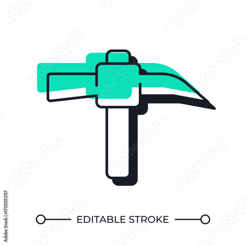 Pickaxe offset shadow line icon. Mattock hand tool used for digging, prying and chopping. Gardening. Bold outline symbol with solid green fill. Modern flat illustration. Editable stroke