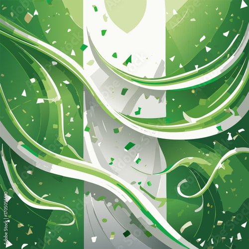 Abstract representation of the Nigerian flag with flowing green and white ribbons and festive confetti, a symbol of national pride and celebration