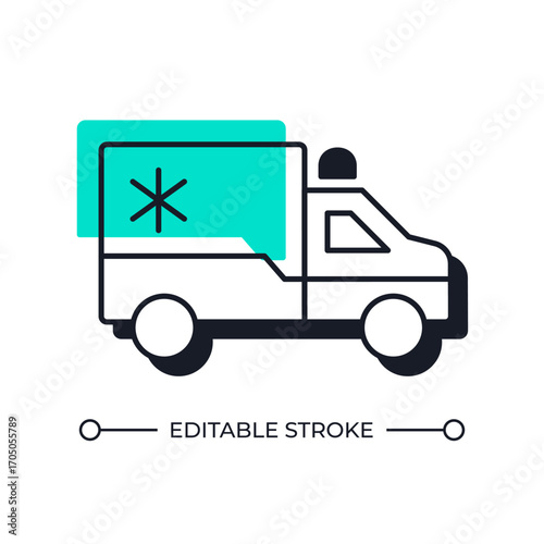 Ambulance car offset shadow line icon. Vehicle transporting sick and injured people. Healthcare service. Bold outline symbol with solid green fill. Modern flat illustration. Editable stroke