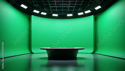 Professional television studio interior with a central anchor desk and advanced lighting setup, featuring an expansive green chroma key screen for virtual broadcasting and video production