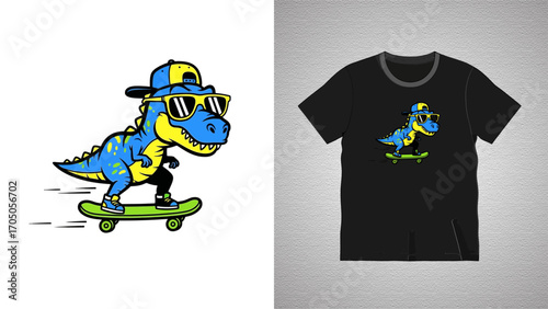 A cool dinosaur with sunglasses and a cap riding a skateboard, , a fun and playful design for kids apparel