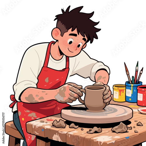 Vsai ceramist making a mug on pottery wheel, illustration