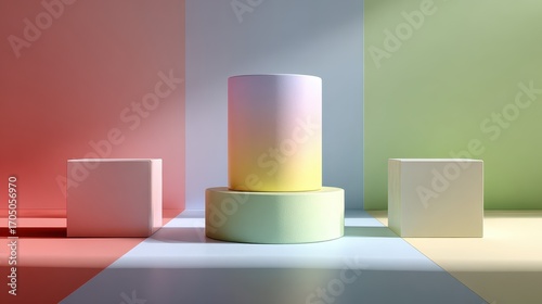 Cylinder display stand on green platform against gradient background in studio  advertising and promotion concept  presentation  high quality stock