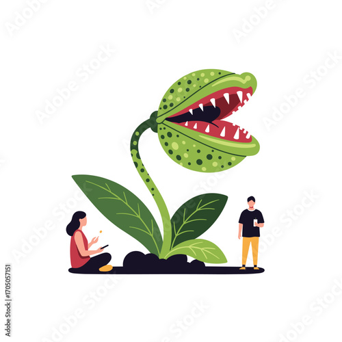 Giant carnivorous plant with people looking at it curiously