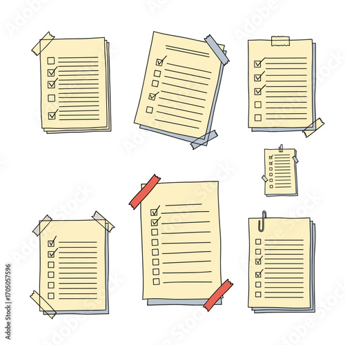 Various types of checklists and to do lists attached to a wall with tape and paperclips.