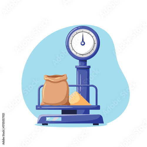 A blue mechanical scale measuring the weight of a burlap sack and a pile of grain.