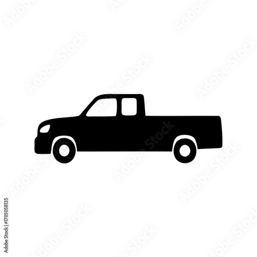 Simple black pickup truck side view silhouette with white background design