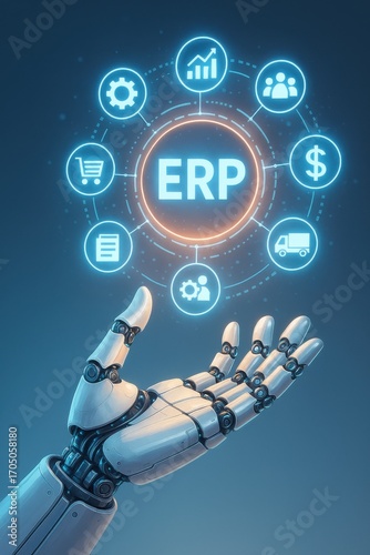 Futuristic Robot Hand Managing Enterprise Resource Planning Symbols and Data Visualizations