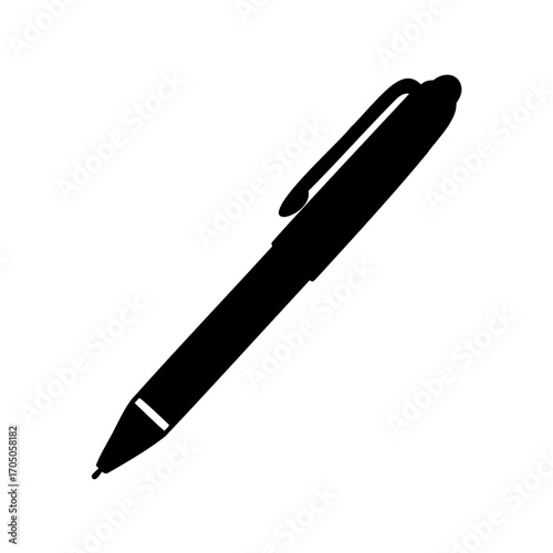 Black silhouette of a ballpoint pen isolated on white background with clip