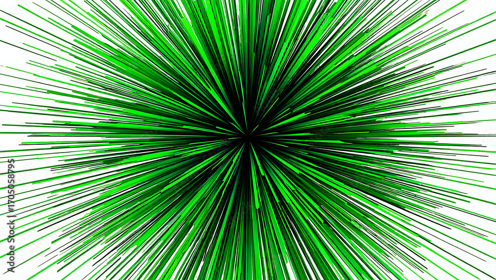 Fototapeta premium Abstract Explosions of Vibrant Green Light Rays Emanating from a Central Point Against a Stark White Background Creating a Dynamic Burst of Energy and Visual Spectacle
