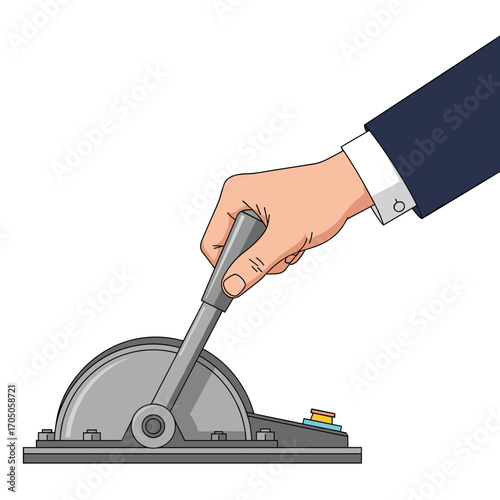 A businessman's hand operating a complex control lever for machinery.