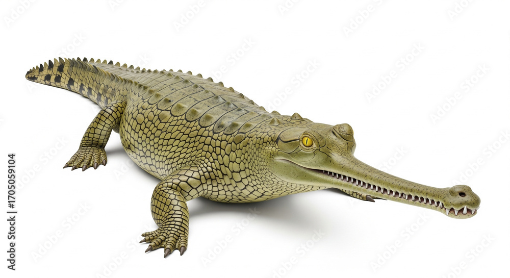Fototapeta premium Long-Snouted Indian Gharial Reptile on Isolated transparent background