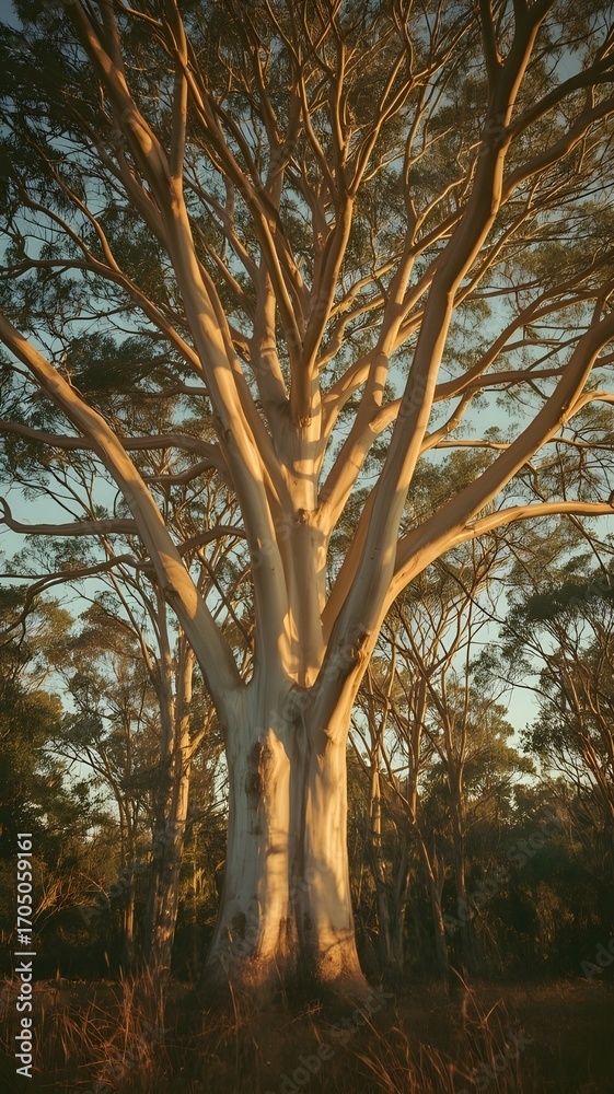 Fototapeta premium A grand eucalyptus tree stands prominently in a sunlit forest. The golden hour light enhances the intricate branches and bark texture.