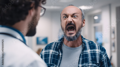 Intense Portrait of an Aggressive Male Patient Confronting a Doctor in a Medical Setting