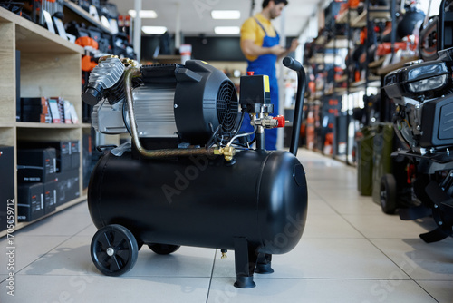 Foto An air compressor positioned on the floor of a store