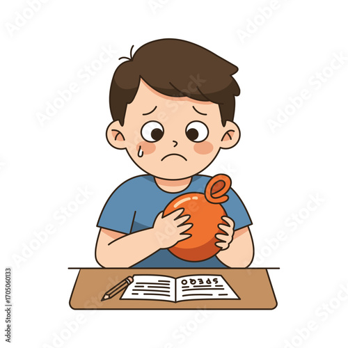 Cartoon boy with brown hair holding a deflated orange balloon looking sad.