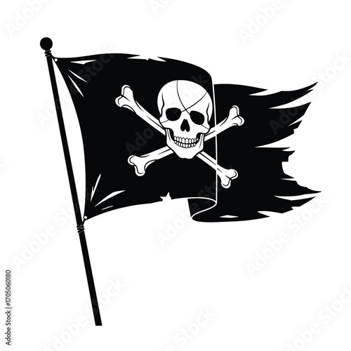 A black pirate flag with a skull and crossbones flutters against a white background.