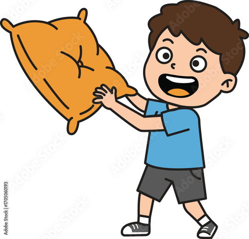 Cartoon boy with brown hair holding a yellow pillow smiling broadly.