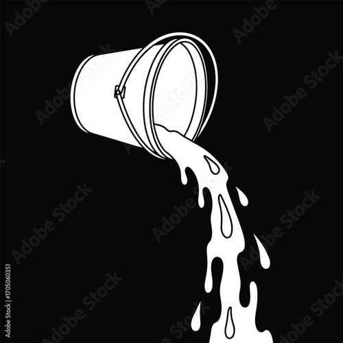 A white bucket is tilted and spilling its contents as a white liquid flows out forming a cascading stream.