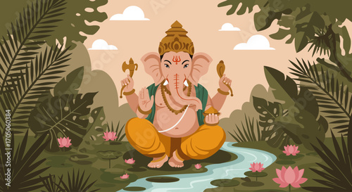 A serene flat design illustration of Lord Ganesha immersed in a lush natural environment, surrounded by tropical foliage and lotus flowers.