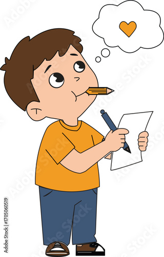 Cartoon Boy with Pencil in Mouth Holding Paper Thinking of Love.