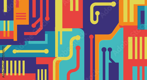 Vibrant abstract circuit board pattern featuring interconnected geometric and organic shapes in bold primary colors