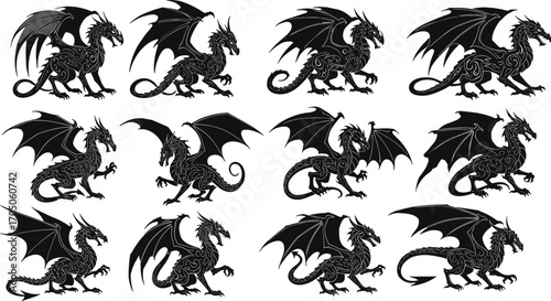 Tribal dragon silhouette collection, detailed fantasy dragon artwork, legendary creature vector, tattoo style design, mythical winged beast illustration set