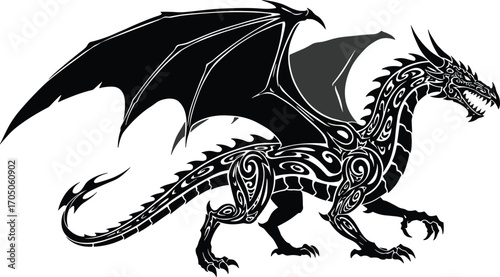 Tribal dragon side view illustration, detailed fantasy artwork, powerful mythical beast design, tattoo style dragon vector, fierce creature emblem