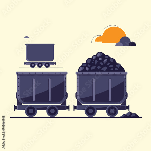 Illustration of two mining carts one empty and one full of coal with a sun in the background.