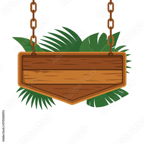Rustic Wooden Hanging Signboard with Chains and Tropical Leaves – Jungle-Themed Blank Sign