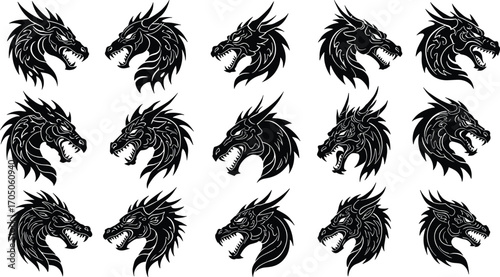 Tribal dragon head set, collection of fierce mythical creature designs, fantasy tattoo style artwork, detailed vector dragon illustration bundle