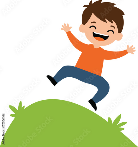 Joyful Cartoon Boy Leaping with Arms Raised Smiling Brightly.