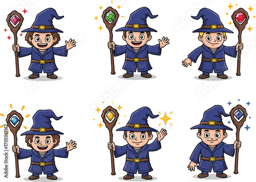 Cartoon wizard characters in blue robes with magic staffs, colorful fantasy illustration for gaming, storytelling, magical powers, role-playing, and children’s book themes