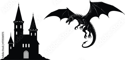 Flying dragon with castle silhouette, fantasy medieval scene illustration, mythical beast attacking fortress, legendary creature artwork, dark fairytale monster vector design