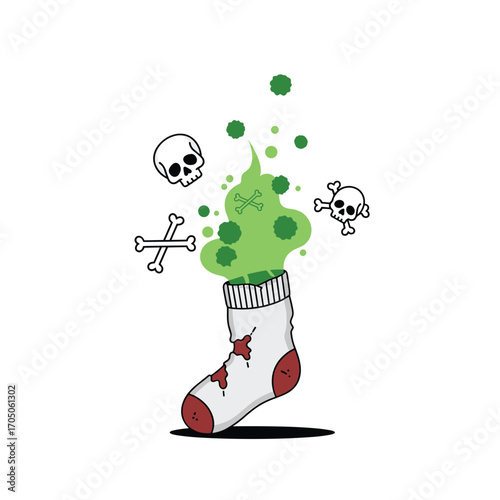 A pungent odor emanates from a dirty, hole-ridden sock creating a noxious green cloud filled with unsettling imagery.