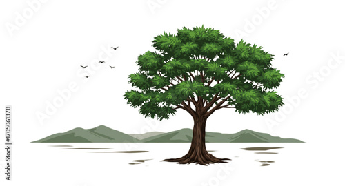 The big tree is far from the mountains 
