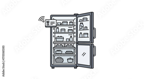Vector illustration of smart refrigerator with open door and food inside